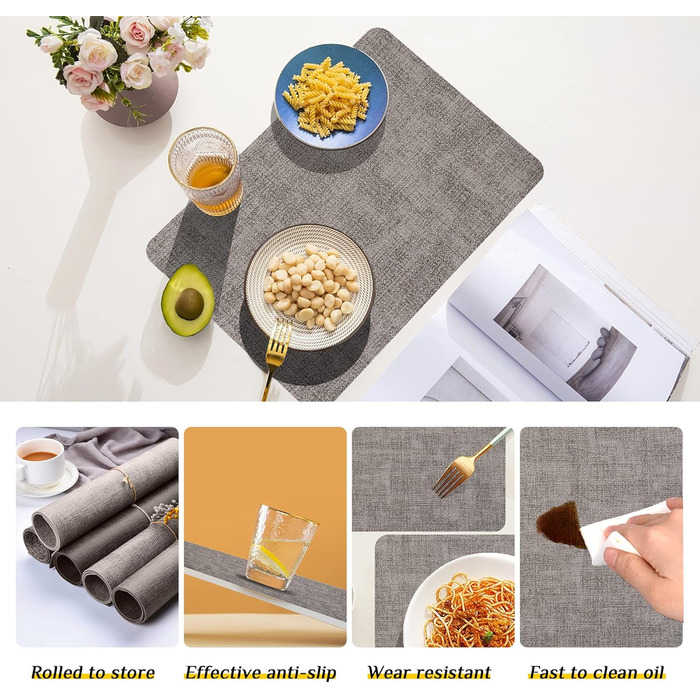 Набори підставки під тарілки Purejoy Platzsets, 6 шт., сірі, миючі, з ПУ шкіри, стійкі до ковзання та тепла, 43x30 см, для дому, кухні, обіднього столу
