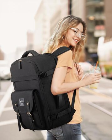 LOVEVOOK Рюкзак для ручної поклажі, жіночий рюкзак для подорожей, водонепроникний рюкзак для ноутбука 17 дюймів, шкільний рюкзак для жінок/студенток, чорний/коричневий (45x32x15 см)