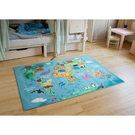 Карта світу дитячого килима Steffensmeier без забруднення Ігровий килимок для дівчаток і хлопчиків в синьому кольорі, розмір 100х160 см