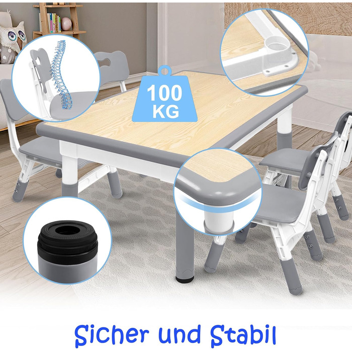 Дитячий стіл зі стільцями, регульована висота, 3 частини, пластиковий стіл-парта для дитячої кімнати, 80x60 см