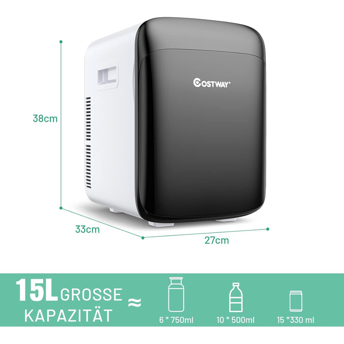 Міні-холодильник COSTWAY 15 л, функція охолодження/обігріву, -3C/50C, DC/AC, тихий 26 дБ, автомобіль/офіс/кемпінг