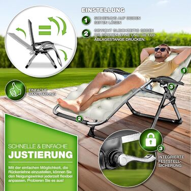 Розкладний шезлонг Tillvex® для саду та відпочинку на вулиці | Максимальне навантаження 200 кг, регульована спинка, товсте положення, подушка для шиї | Для балкона, саду та тераси | Бежевий колір