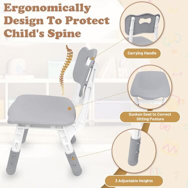 Дитячий стіл зі стільцями, дитяча група меблів, регульована висота, HDPE & ABS, багатофункціональний ігровий стіл для дітей 2-10 років, ергономічний набір столу та стільця для дитячої кімнати (120*60 см, сірий)
