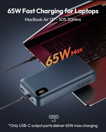 Вт 20000 мАг, PD3.0 QC4.0, 3 виходи, швидка зарядка USB-C, для ноутбука та мобільного телефону, 65