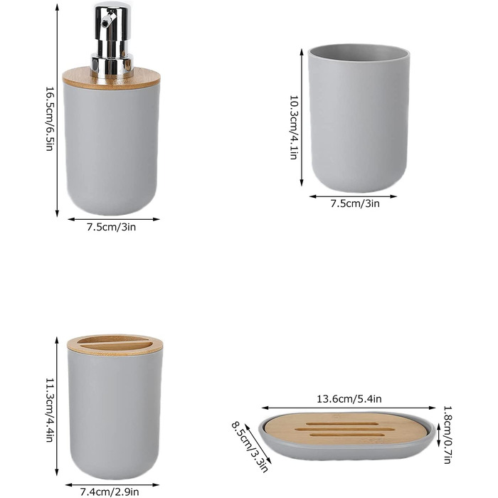 Набір приладдя для ванної кімнати Yuecoom з 4 предметів, що складається з дозатора мила, тримача для зубної щітки, чашки для чищення зубів, мильниці (сірого кольору)