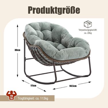 Крісло-гойдалка LIFEISLE з ротангу, крісло-шезлонг для дому та саду, крісло-гойдалка у формі яйця для вітальні, балкону, саду, на вулиці та в приміщенні, Cord White, білий (тканина Cord, світло-зелений)