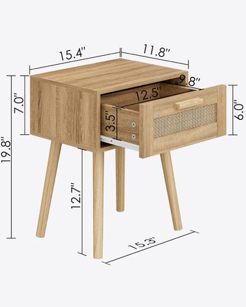 Тумбочка HEYZOEY Ротанг, Тумбочка з ящиком, Приліжковий комод, Дерев'яні ніжки, Дуб натуральний, Жовтий