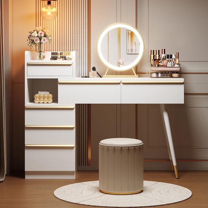 Туалетний столик Merax з дзеркалом та LED-підсвіткою, з поличкою, 6 висувних ящиків, золоті ручки, білий, 102x100x41.5 см (без табуретки)