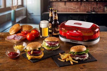 Електрична бутербродниця, електричний гриль з двома сковорідками з антипригарним покриттям, 2 нагрівальні камери, легко чиститься, 1200 Вт, червона 205 гамбургер, 205