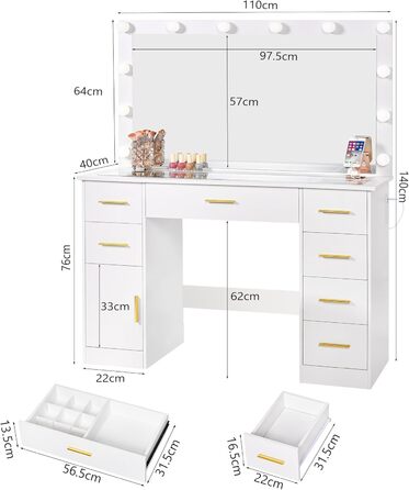 Великий туалетний столик ANWBROAD з регульованою LED-підсвіткою 3 кольорів та розеткою. Сучасний туалетний столик з дзеркалом, 7 ящиків, білий, 140x110x40 см. Модель BDT83W
