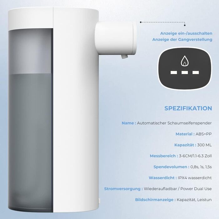 Автоматичний дозатор мила PLUSSEN, 3 рівні, 300 мл, безконтактний, USB акумуляторний, ванна кімната