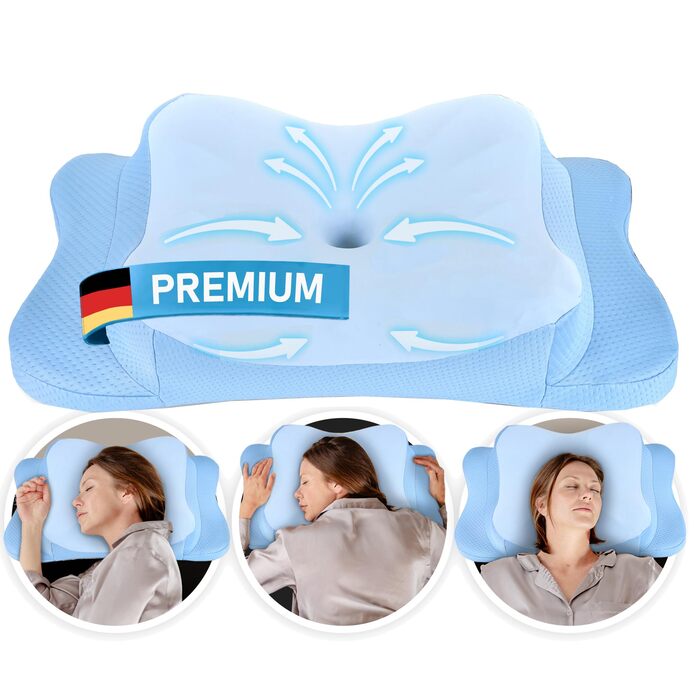 Подушка для шиї з меморі-піною, ергономічна, Oeko-Tex®, регулює температуру, блакитна, для всіх типів сну