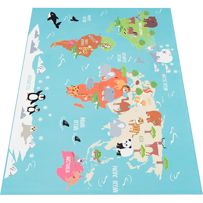 Дитячий килимок Paco Home для дитячої кімнати, ігровий килимок, карта світу з тваринами, зелений, розмір Ø 200 см Квадрат 200 см Квадрат бірюзовий