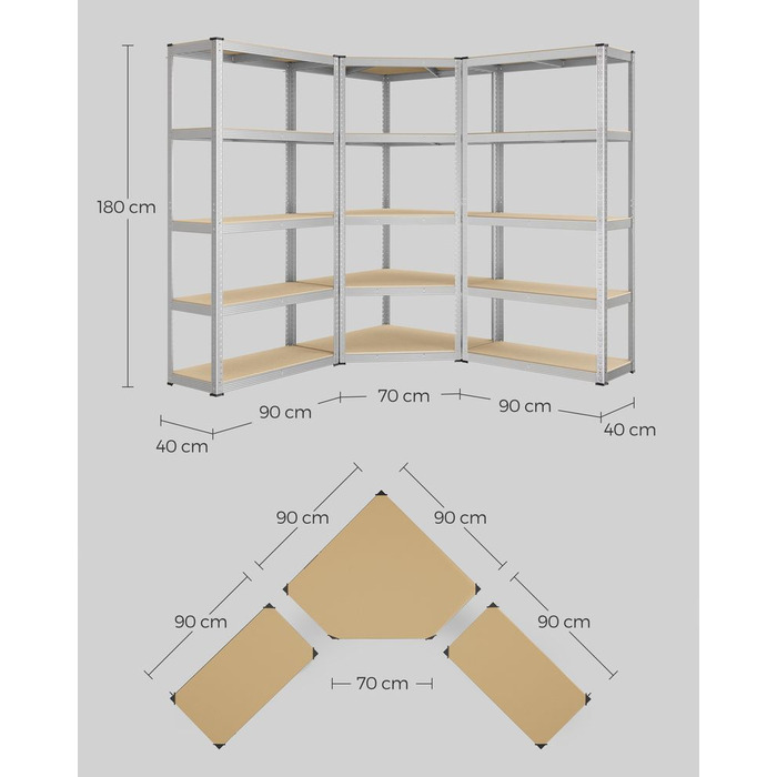 Комплект кутових полиць з 5 рівнями вантажопідйомністю до 2625 кг - срібло + натуральний бежевий / 5 ярусів (180D x 180W x 180H см)
