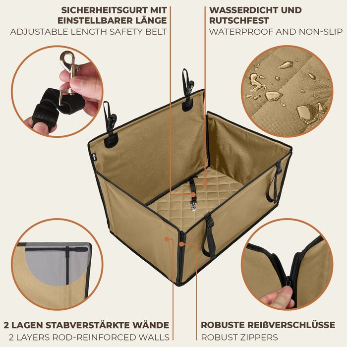 Додаткове міцне автокрісло для собак-посилене автокрісло для собак середнього і середнього віку з 4 кріпильними ременями - високоякісне і водонепроникне автокрісло для собак на задньому сидінні автомобіля (Розмір, ) (L, бежевий)