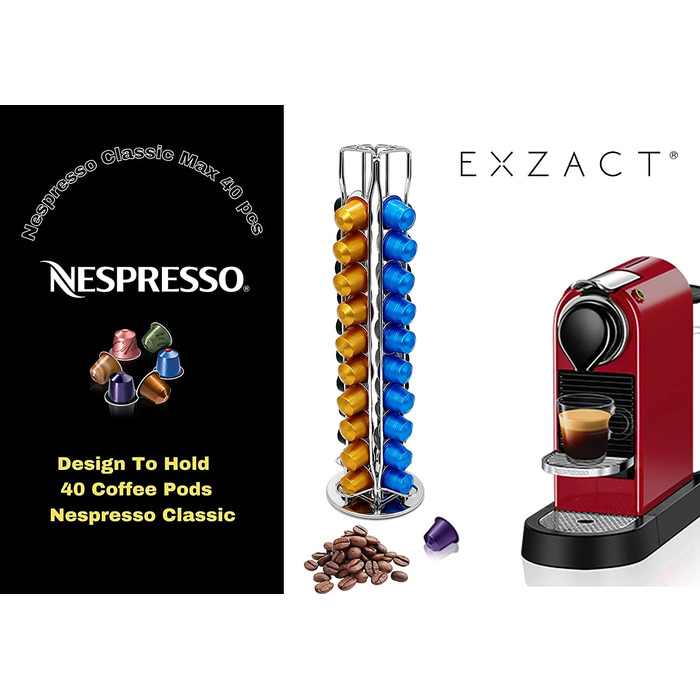 Тримач для кавових капсул EXZACT сумісний з Nespresso (40 капсул) - підставка для кавових капсул-підставка для капсул / тримач для капсул-Поворот на 360, нековзний (сріблястий)