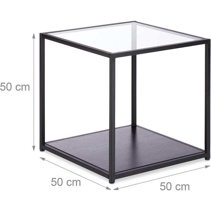 Чорний журнальний столик скло дерев'яна полиця, металевий каркас, міцний, квадратний, плоский журнальний столик HBT 50x50x50 см, стандартний