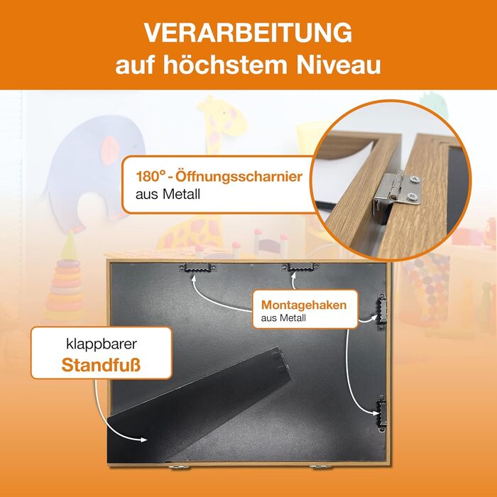 BALA® Преміум рамки для фотографій - 2 шт. A4, для дитячих малюнків, з фронтальною відкриваністю та кріпленням для підвішування/ставлення, 120+ фото, дерево