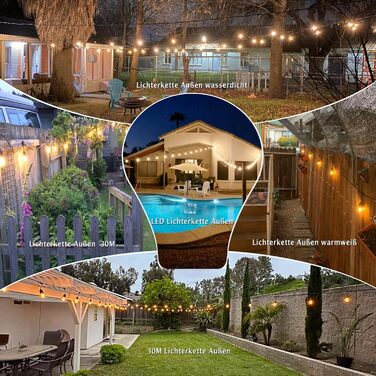 LED гірлянда 15 метрів для саду та тераси, водонепроникна IP65, 15+1 лампочки E27, тепле світло 2700K, для вечірок та свят [Енергоклас G]