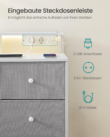 SONGMICS Комод з 9 висувними ящиками та LED-підсвічуванням, з розеткою, сталевий каркас, 33,5 x 114 x 84 см, для спальні/вітальні (Таунгrau)