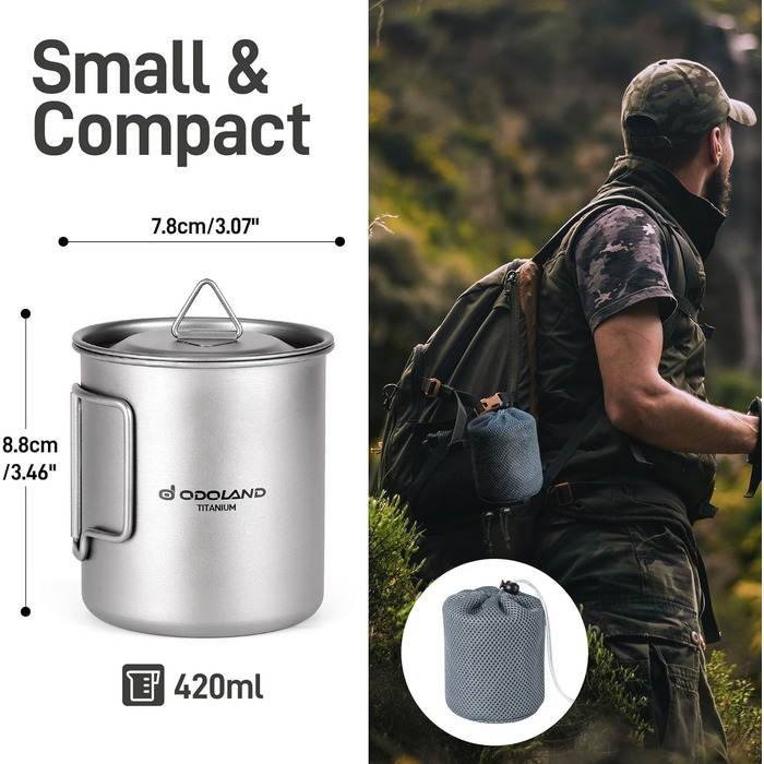 Набір посуду для кемпінгу Odoland Titanium: кружка 420 мл з кришкою та ложкою, для походів, туризму та подорожей