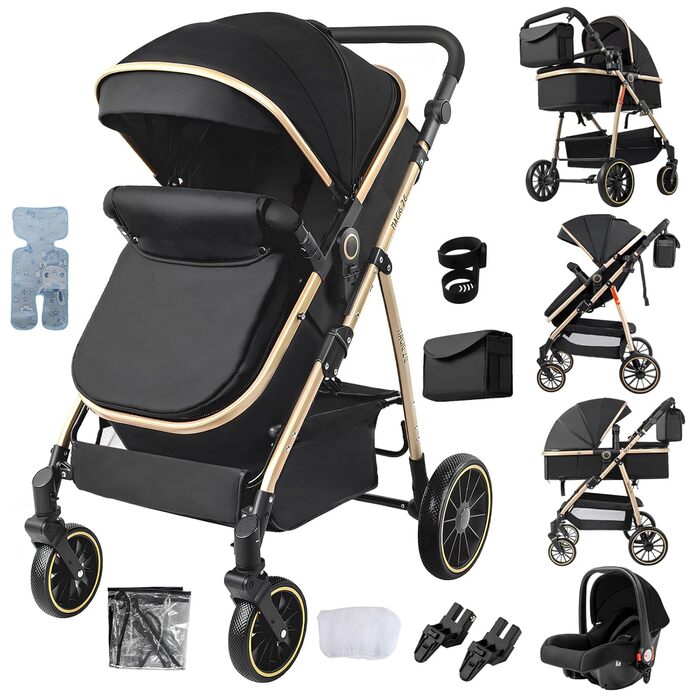 Дитяча коляска Nine Point Nine 3 в 1 з PU-шкіри, комплект з двома ручками та люлькою, алюмінієвий каркас (L518 SilverBlue)