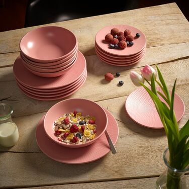 Вінтажний обідній сервіз із 12 предметів, Blanka Nature-Design, для 4 осіб, стильний набір посуду з фаянсовою структурою з 4 обідніми тарілками, 4 бічними тарілками, 4 тарілками для супу, рожевий
