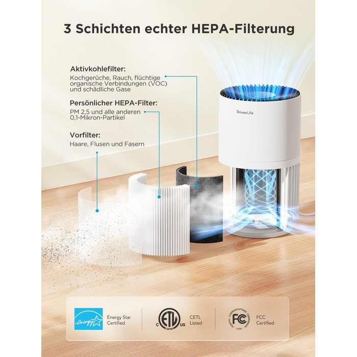 Повітряочисник GoveeLife Mini для спальні з HEPA-фільтром, керування через додаток Alexa, проти шерсті тварин, запахів, пилку, диму. Портативний очисник повітря з 3 швидкостями, 2 режимами, таймером та аромадифузором