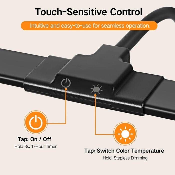 OUTON LED лампа для столу з двома головками, 85.5 см, 1600 люмен, сенсорне керування, регулювання яскравості, 5 температур кольору, таймер, пам'ять, захист очей, кріпиться за допомогою затискача, для офісу та дому, чорний