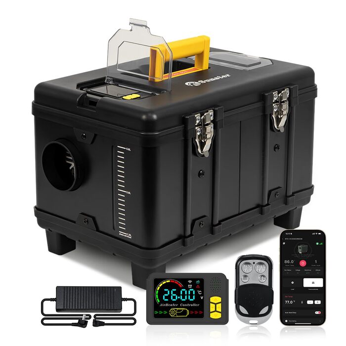 Дизельна автономка 8kW для вантажівок, фургонів, кемперів з Wi-Fi та адаптером, 12/24V/240V, автоматичний старт/стоп, вентиляція, чорна