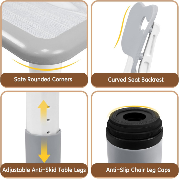 Дитячий стіл зі стільцями (80x60 см), регульована висота, сірий. Ідеально для дитячого садка, ігор, малювання. Легко миється. Комплект для дітей від 2 років.