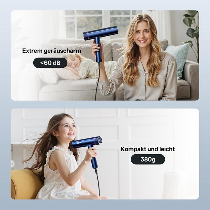 Професійний іонізаційний фен для волосся CONFU 1700W, складаний фен з магнітним диффузором та стилізуючою насадкою, низький рівень шуму, синій