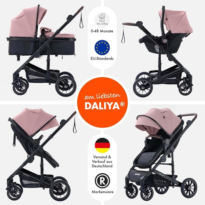 Дитяча коляска 3в1 NEOMOVE від Dalia® | Легка алюмінієва рама, великий кошик | Коляска для міста та бездоріжжя (чорно-рожевий)