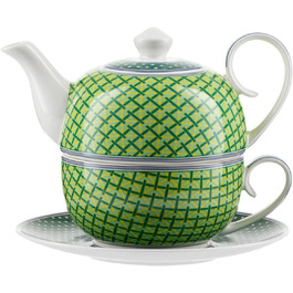 Чай Jameson & Tailor для одного набору з 4 предметів Igloo Чайник, чашка, блюдце Зелені клітинки Блискуча порцелянова посудомийна машина та мікрохвильова піч