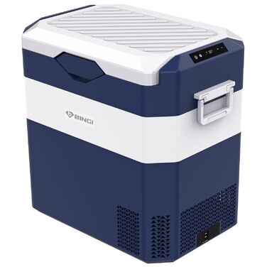 Автохолодильник BINGI 18л портативний 12/24V, 230V з функцією морозильника (-18°C до 15°C) для авто, кемпінгу, дому (синьо-білий)