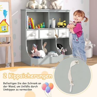 Дитяча полиця GOPLUS з 5 відділеннями для зберігання та 3 складними коробками для тканини, полиця для іграшок, полиця для дитячого зберігання, органайзер для іграшок зі стійкою підставкою для ніг, ідеально підходить для дитячої кімнати (сірий)