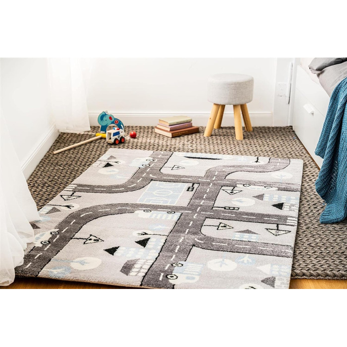 Килим Qiyano для дитячої кімнати Ігровий килимок з космічною ракетою і зірками Ігровий килимок контурне вирізання 3-D оптики, мотив ракета, колір сірий, розмір (80 х 150 см, Grau200)