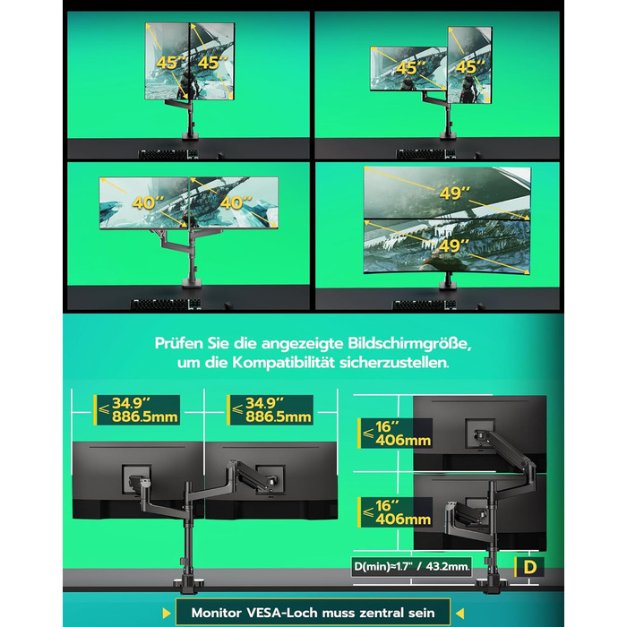 Кріплення для монітора ARES WING - 2 монітори один над одним, 17-49 дюймів, газ. підйомник, USB A/C, VESA 75/100, чорний