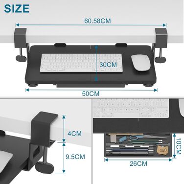 Підставка для клавіатури ETHU, висувна, 50x30 см, з кріпленням C, для монтажу під столом, ергономічна, чорна