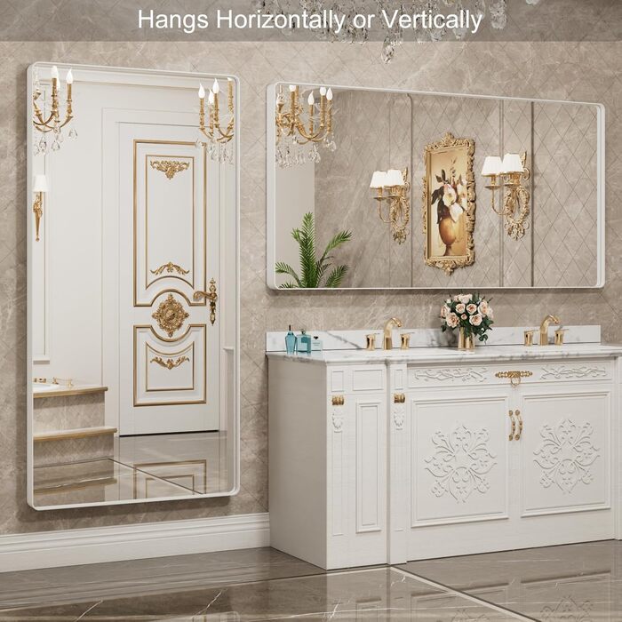 LOAAO Дзеркало для ванної кімнати 61 x 91.4 см з округлим прямокутним кольоровим каркасом, дзеркало для макіяжу, монтаж на стіну, загартоване скло, нержавіюча сталь, горизонтальне/вертикальне встановлення