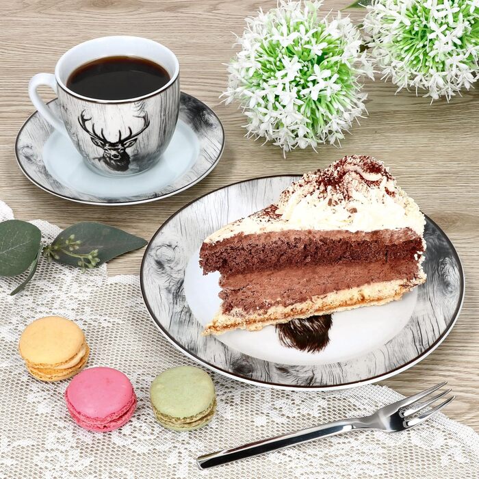 MamboCat Alois - кавовий сервіс на 6 осіб, 18 предметів, біле фарфорове посуд з декором оленів, 6 чашок 200 мл, 6 підставок та тарілки для сніданку та кави