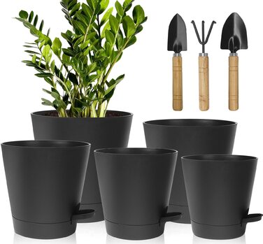 5 горщиків з пластику з системою поливу, 17.8/16.5/15.2/13.9/12.7 см. Самополивні горщики з підставкою, круглі, для квітів, сукулентів, кактусів, зелені та чорні, для дому, балкона та саду.