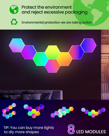 Смарт LED панелі Hexagon RGB, 8 шт. – настінне декоративне підсвічування для кімнати та геймерської зони, музична синхронізація