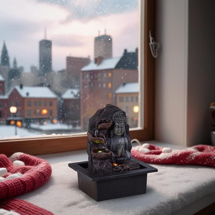 Джерело Zen'Light Zimmerbrunnen з Буддою та LED-підсвіткою - Сучасна декор для медитації та релаксації, Фен-Шуй, 26 см, горіх