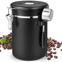 Герметична кавова банка Royouzi з нержавіючої сталі, Вакуумна кавова банка, ємність для кавових зерен об'ємом 1,8 л з ложкою з нержавіючої сталі і таймером для зберігання, для чаю горіхи какао довше і свіже