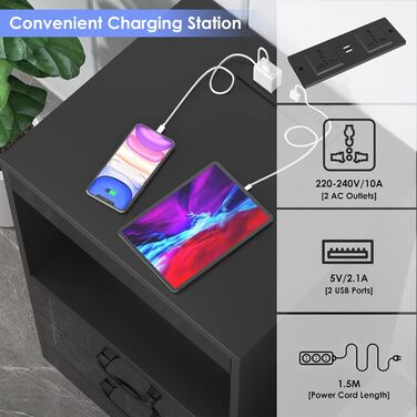 Тумба приліжкова чорна з LED-підсвіткою, 2 розетки, 2 USB, відкриті полиці та шухляда, 40x35x60 см, глянцева, для спальні