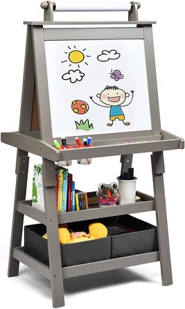 Дитяча мольберт LIFEZEAL 3 в 1: дошка для малювання, whiteboard, крейдяна дошка та рулон паперу, з 2 поличками та ящиками для зберігання, сірий