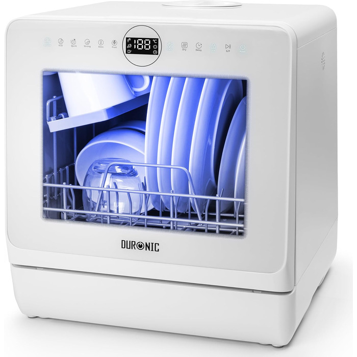 Настільна посудомийна машина Duronic DW5 BK, міні, 6 програм, 3 комплекти посуду, бак 5 л, без підключення до води