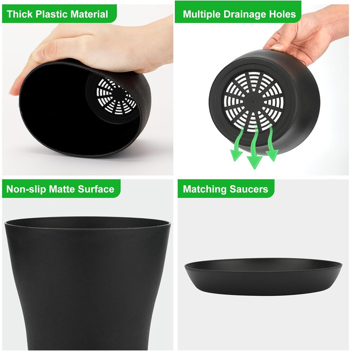KINGLAKE Набір горщиків для квітів 8 шт. 17 см, пластикові горщики для рослин, кактусів, сукулентів з підставкою (Чорний, 14 см)