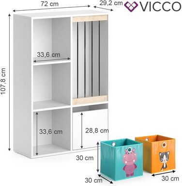 Дитяча полиця Vicco Luigi, біла, 72 x 107,8 см з 2 відкидними коробками Opt.1 107x114 см з 6 відкидними коробками Opt.1